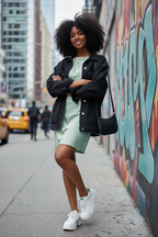 Gen Z style - green dress with black denim jacket