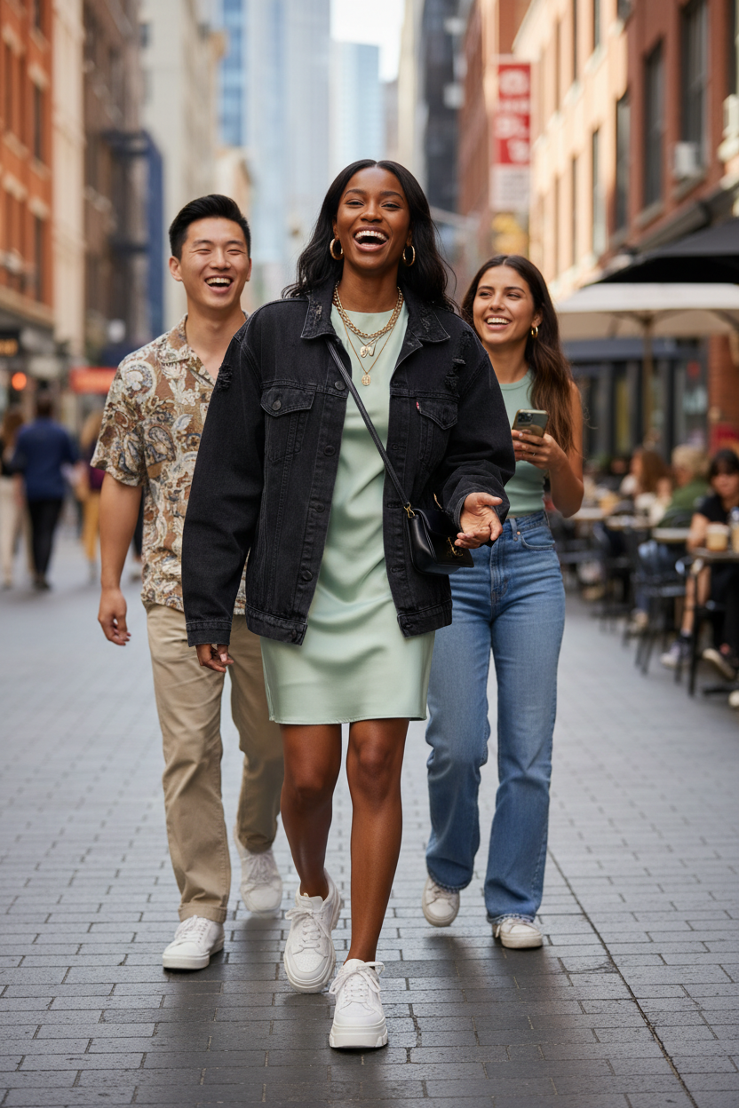 Gen Z style - walking with friends, straight wavy hair