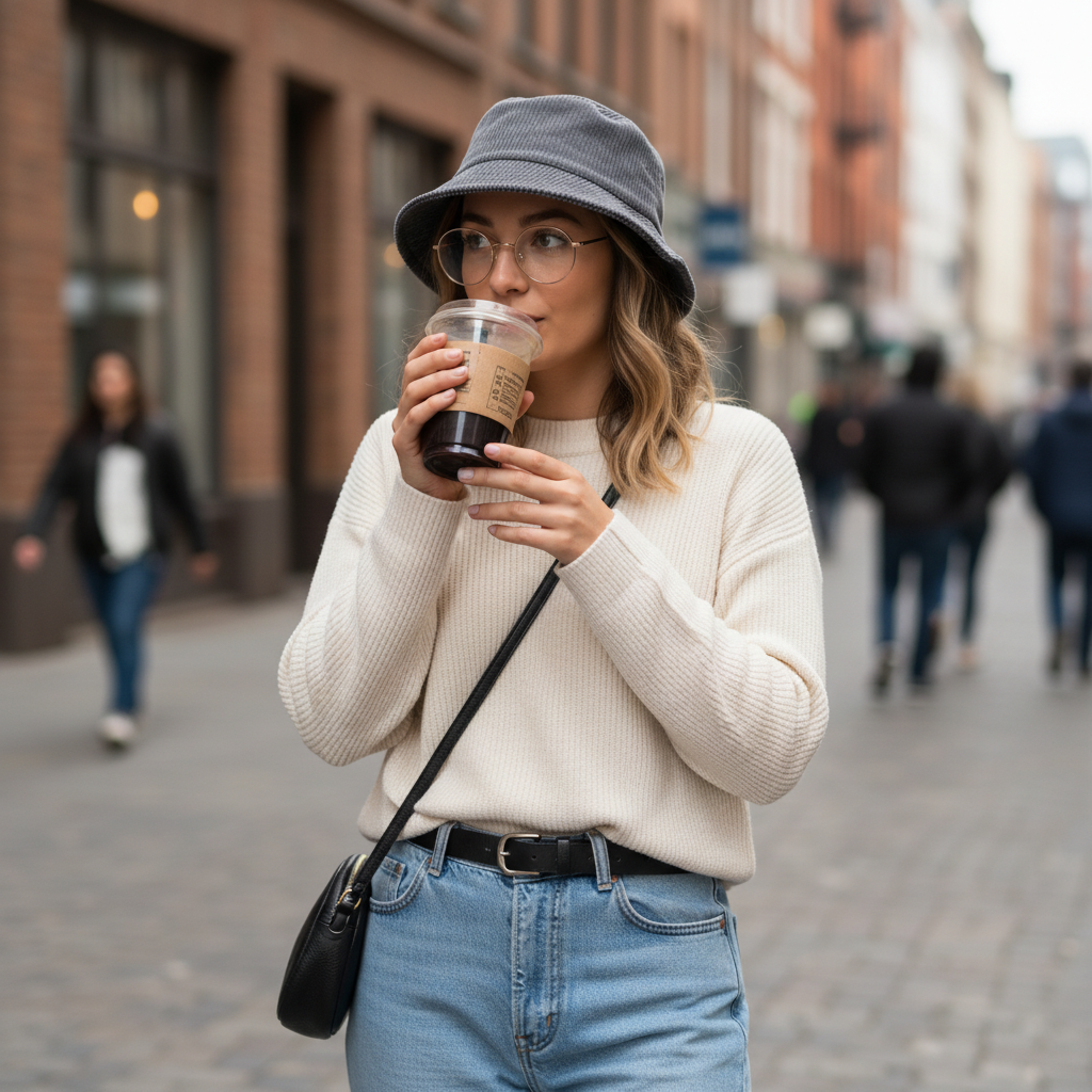 Girl with glasses drinking coffee wearing bucket hat