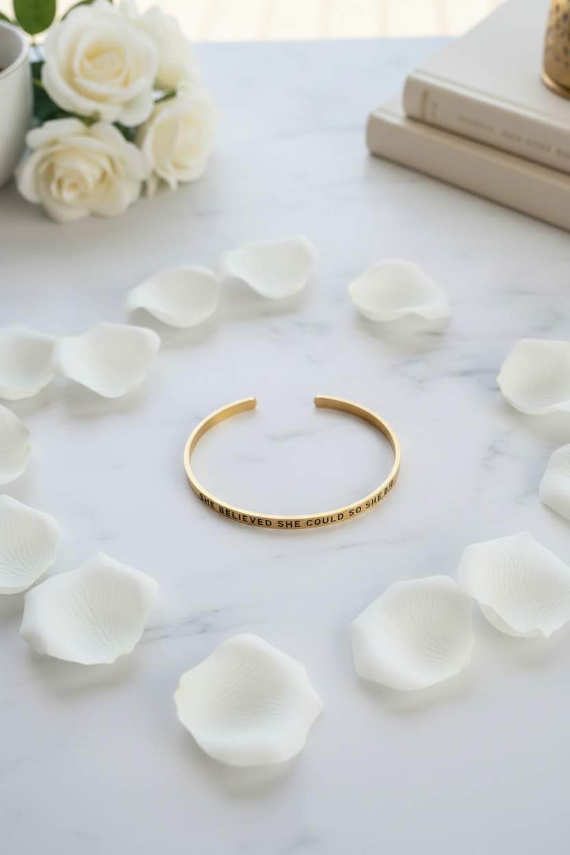 Gold bracelet flatlay with rose petals