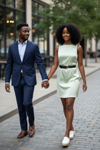 Green dress with black belt - walking with husband