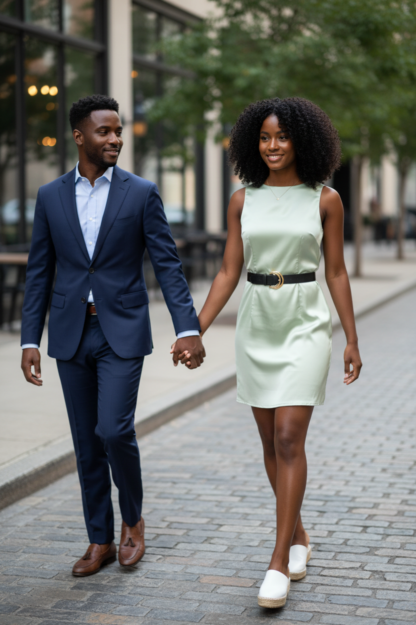 Green dress with black belt - walking with husband