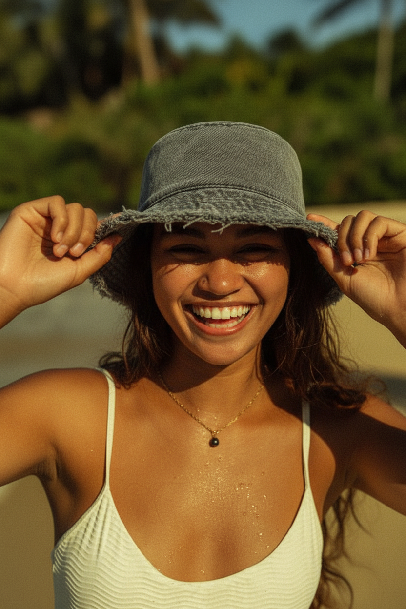 Grey bucket hat joyful beach portrait
