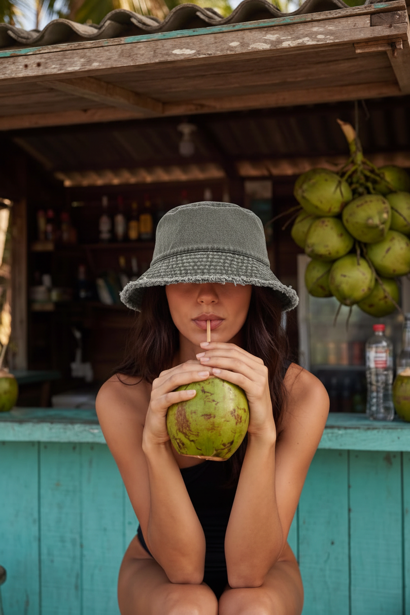Grey distressed bucket hat coconut-bar portrait