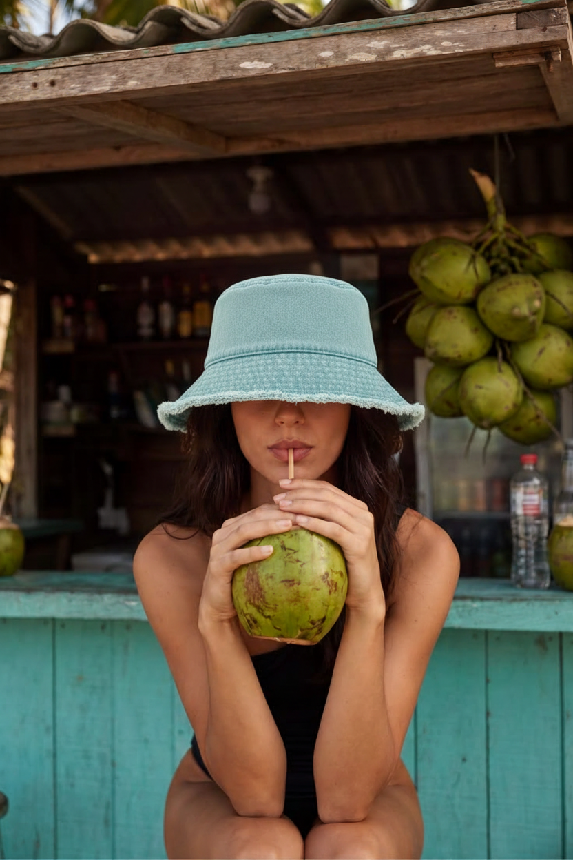 Light blue distressed bucket hat coconut-bar portrait