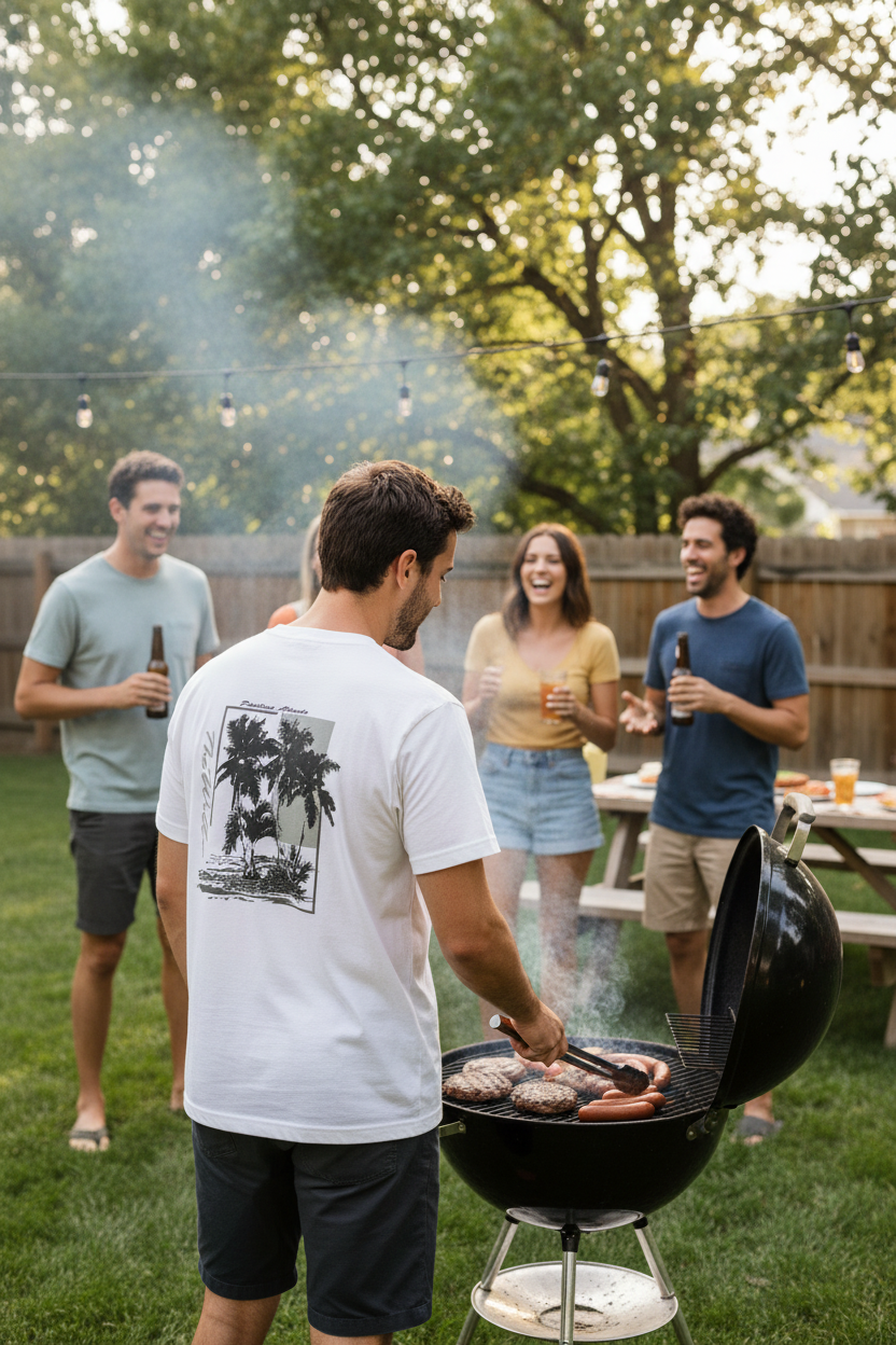 Man grilling at barbecue with friends