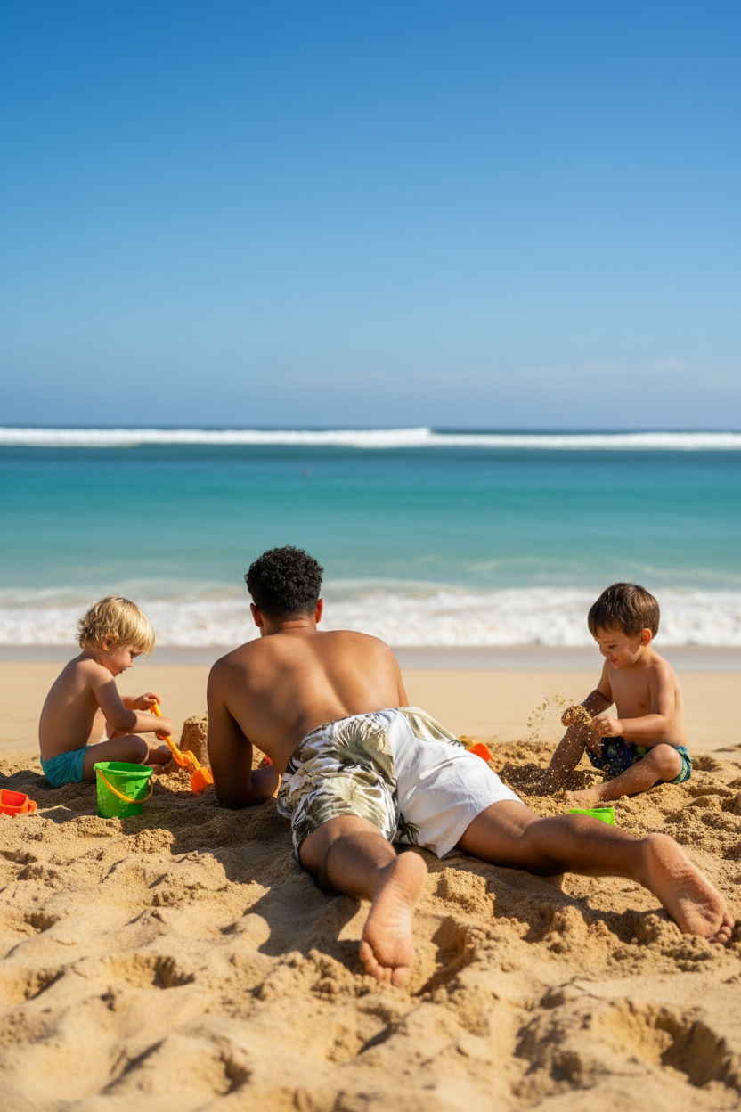 Man playing with children on beach