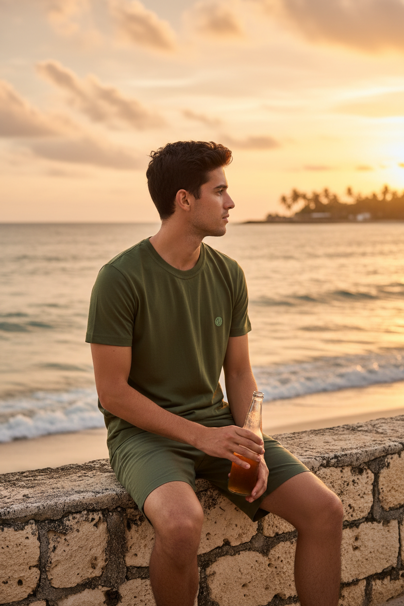 Man sitting by the ocean wearing olive green logo tee
