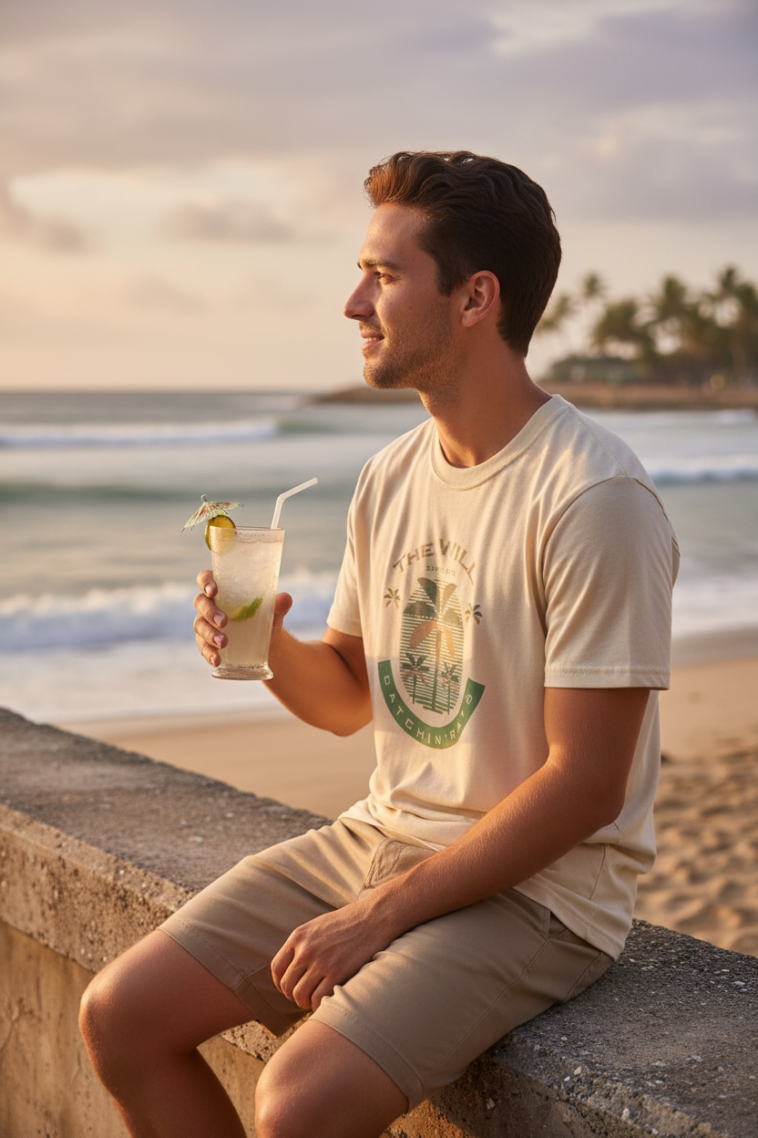 Man sitting by the ocean wearing The Will tee