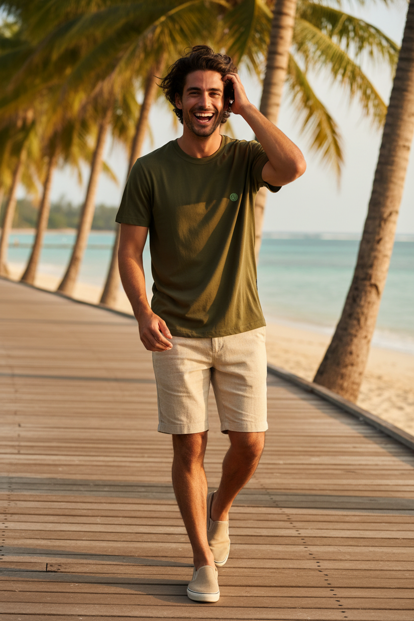 Man walking on tropical boardwalk wearing olive green tee
