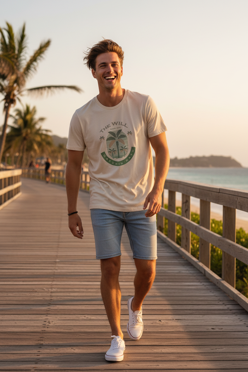 Man walking on tropical boardwalk wearing The Will tee