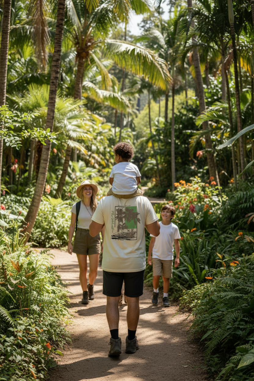 Man with child on shoulders in tropical garden