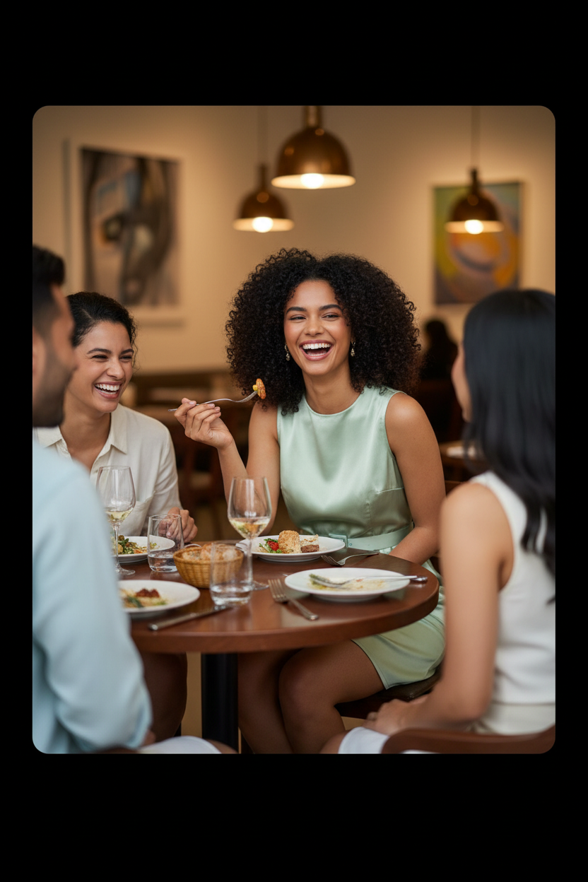 Model in green dress dining with friends