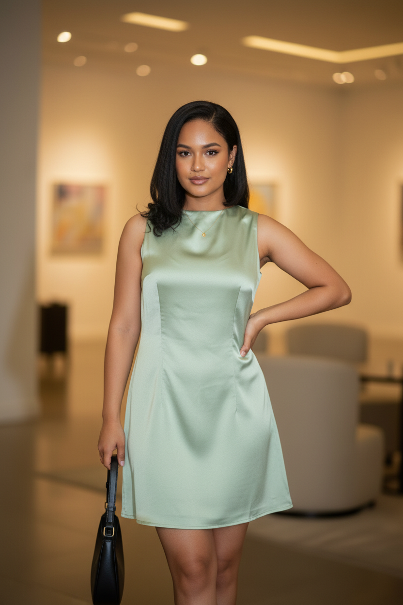 Model in green dress lifestyle photo