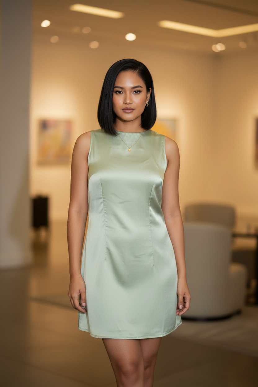 Model in green dress lifestyle photo