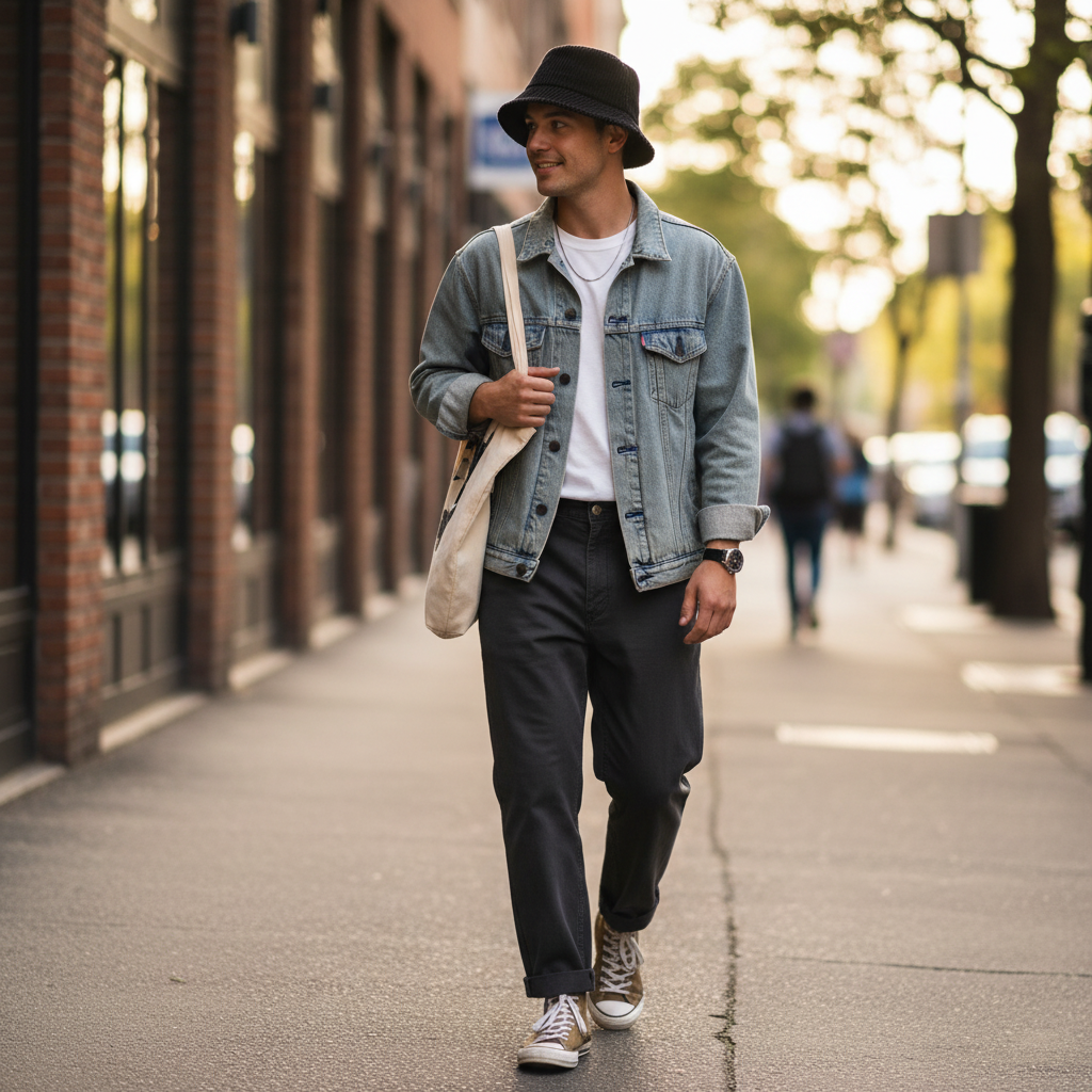 Person wearing black bucket hat