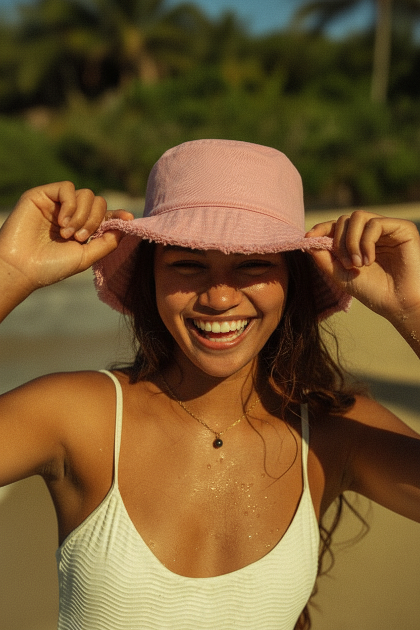 Pink bucket hat joyful beach portrait