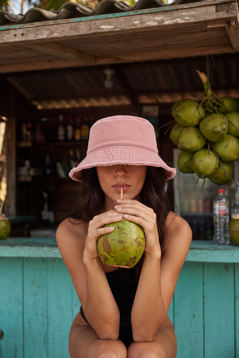 Pink distressed bucket hat coconut-bar portrait