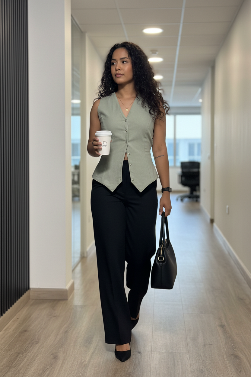 Sage Vest Black Trousers Office