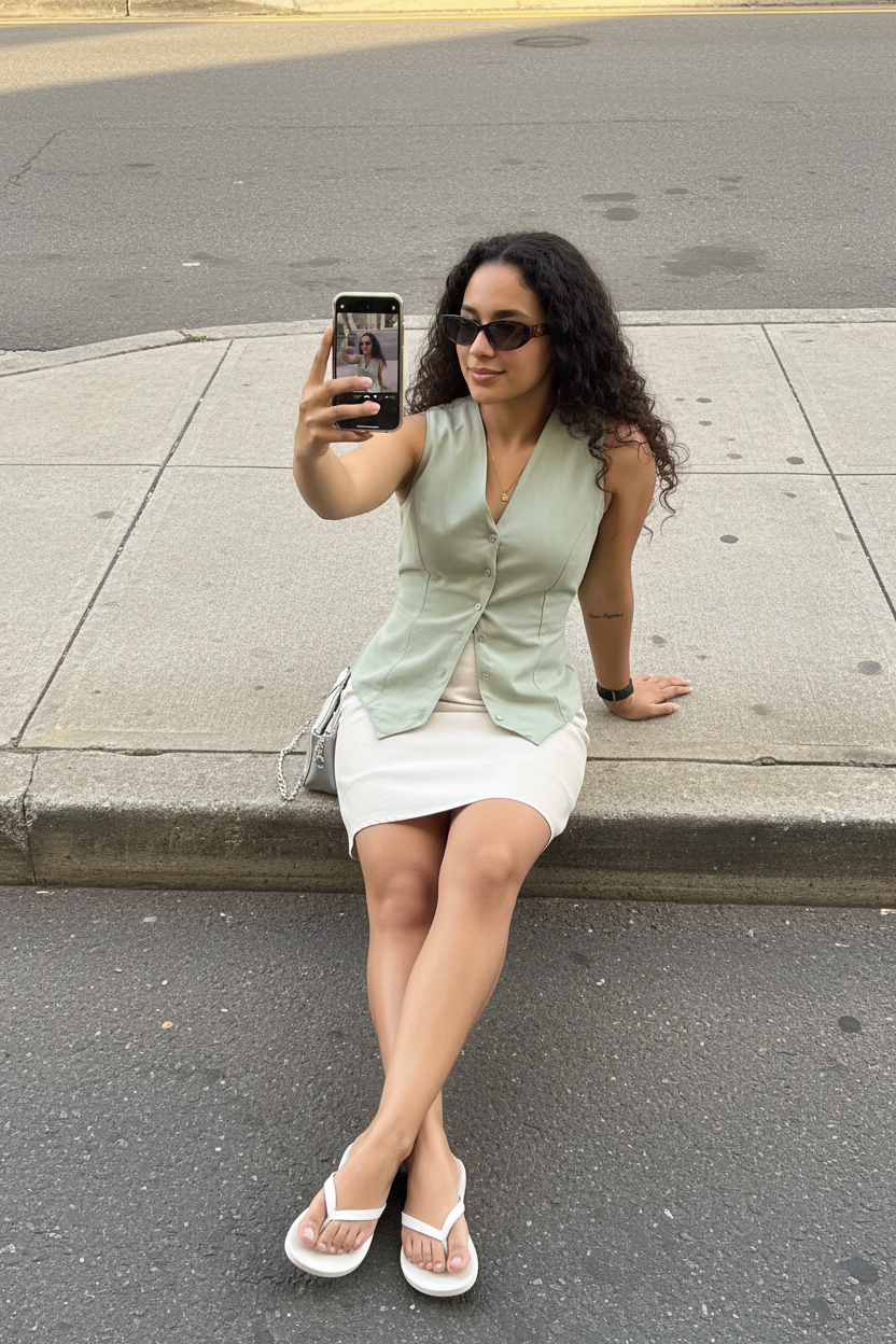 Sage Vest - Phone Screen Selfie on Curb