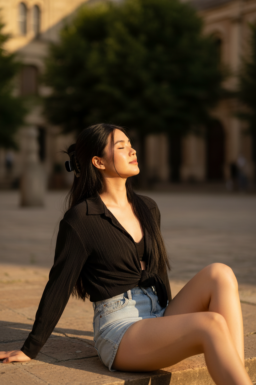 Straight black hair — knotted shirt + denim shorts