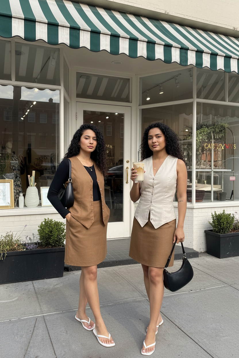 Two Outfit Looks - Camel Skirt Editorial