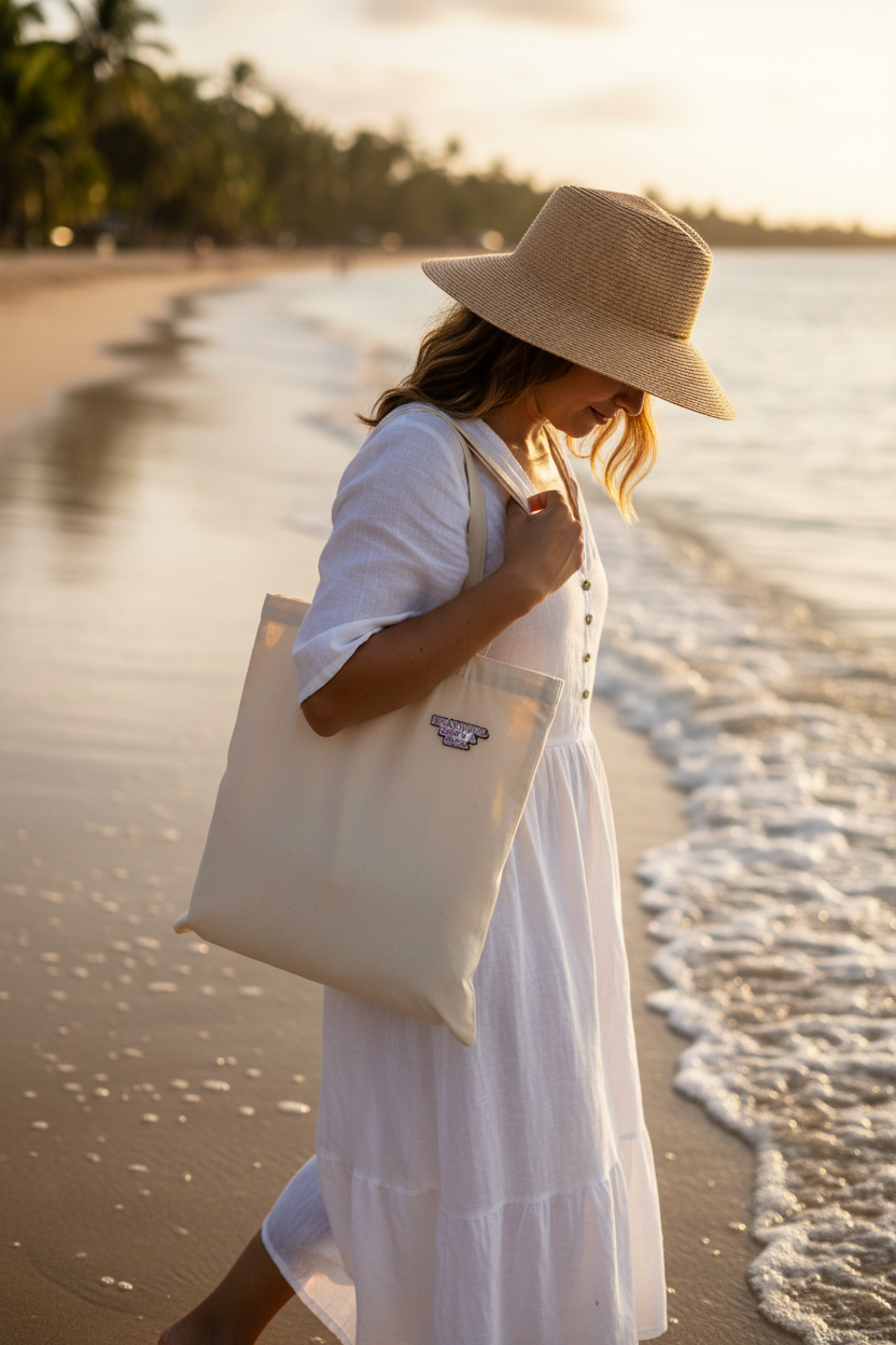 Walking the shoreline with pin on tote