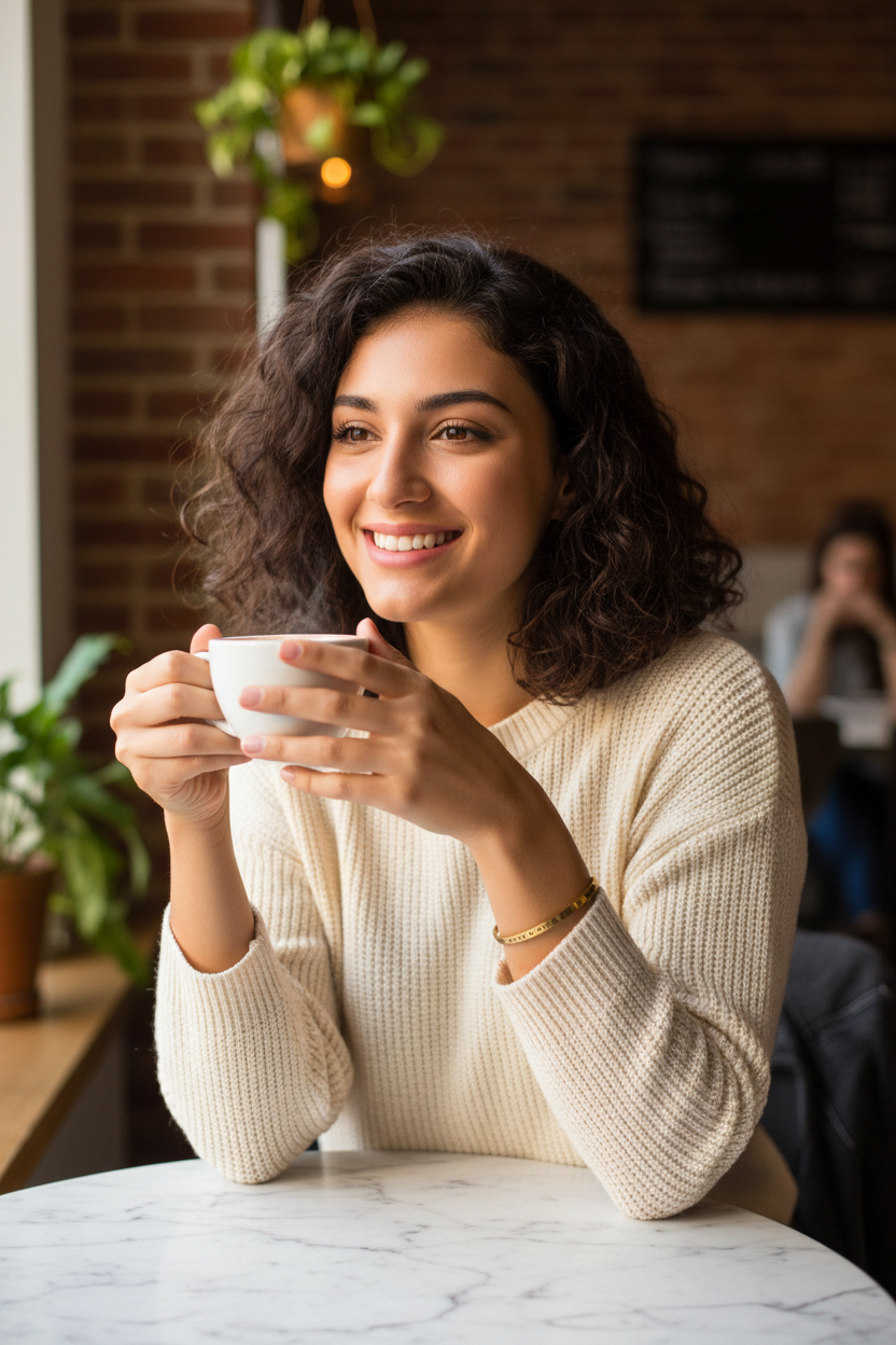 Woman at café wearing She Believed bracelet