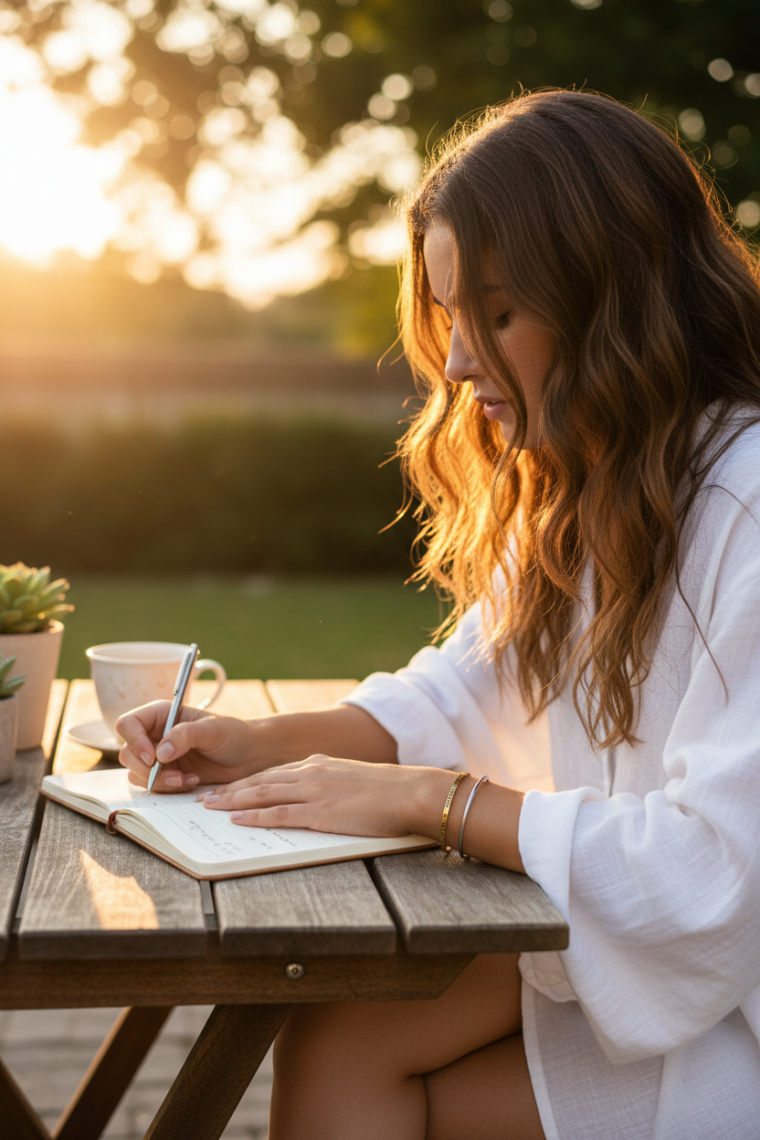 Woman journaling wearing She Believed bracelet