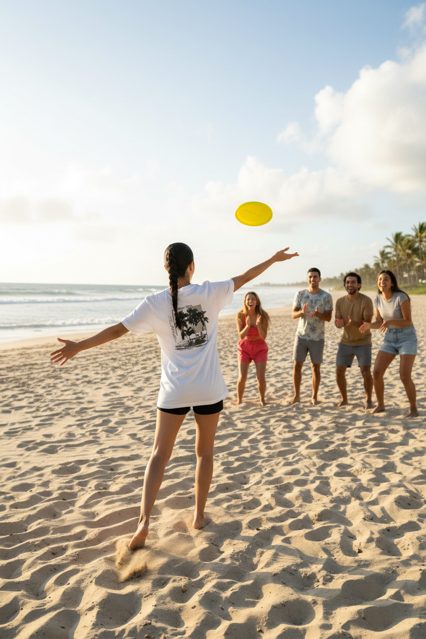 Woman playing frisbee with friends