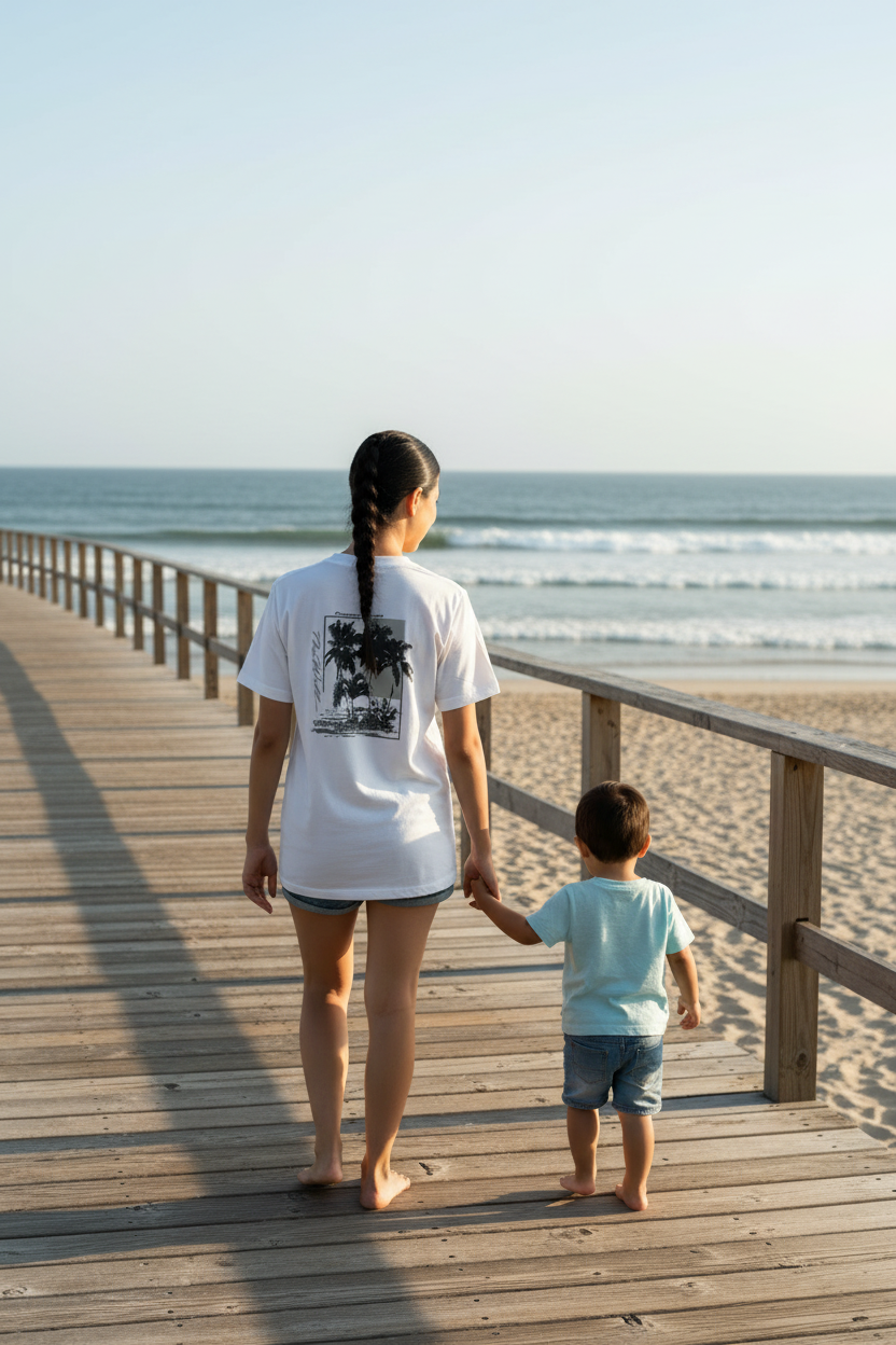 Woman walking with child on boardwalk